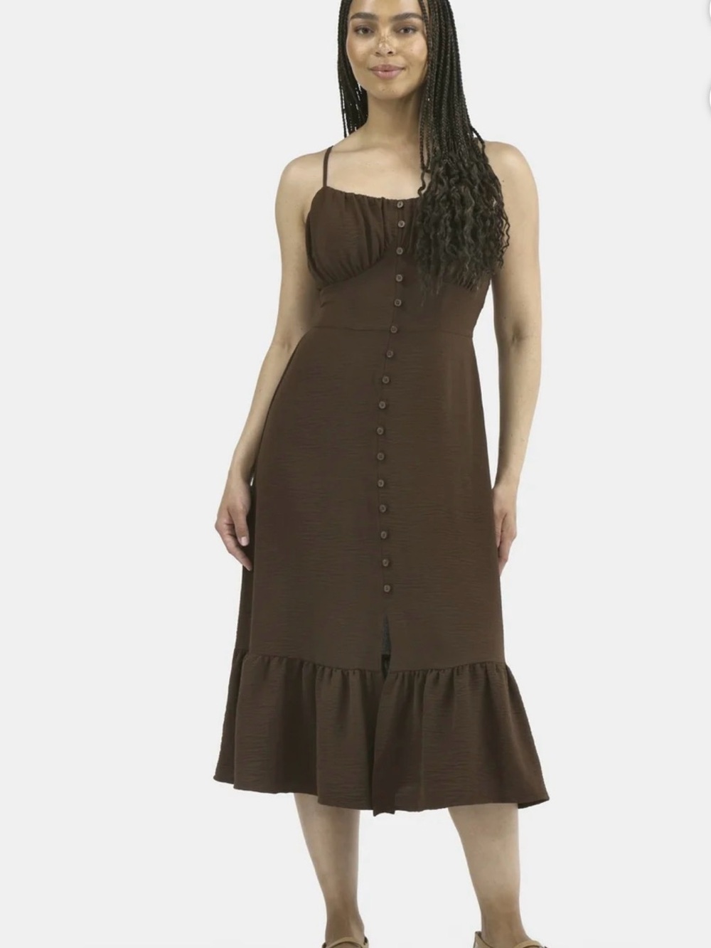No Boundaries Brown Button-Front Midi Dress with Ruffle Hem